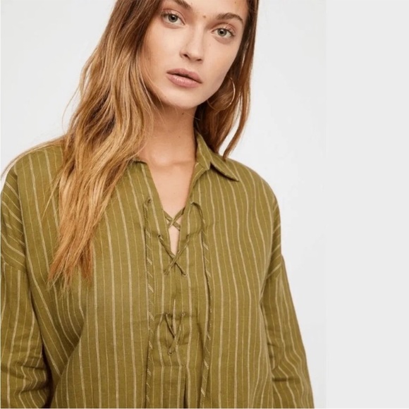 BOGO! Free People Under the Boardwalk Linen Cotton Lace Up Blouse Green Small - Picture 12 of 13